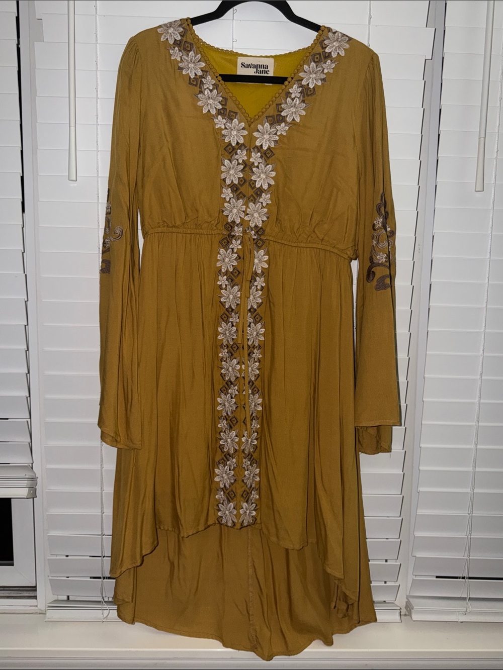 Savannah Jane Mustard Embroidered V-Neck Women's Dress